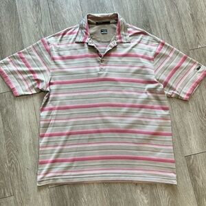 Nike Polo Shirt Mens L Pink Tan Stripe Dri Fit Golf Tiger Woods Collection